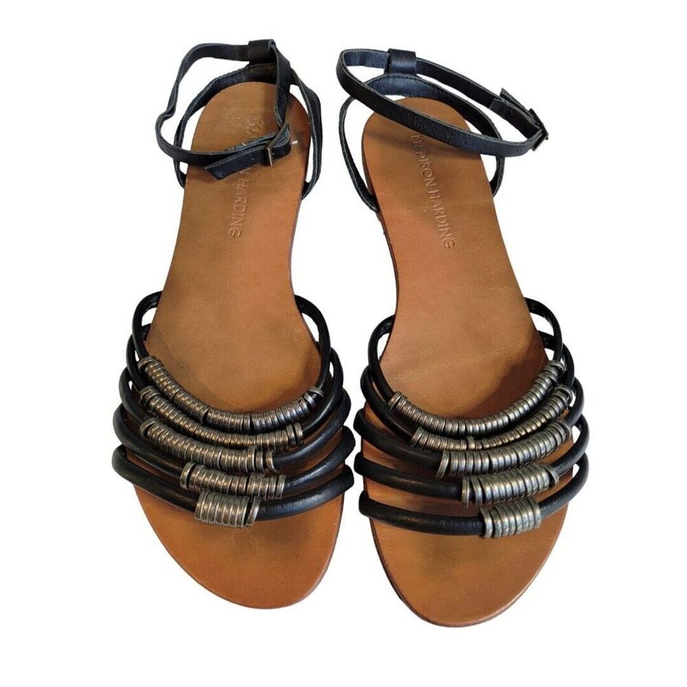 9 Madison Harding Black Strappy Metal Ring Sandals Moto Ankle Strap